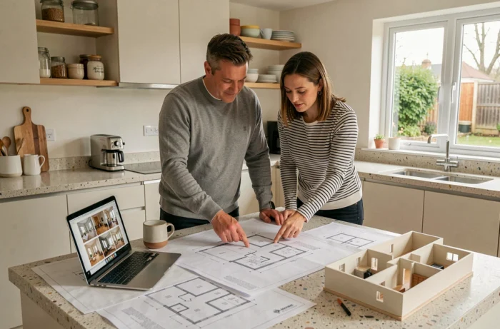 Couple planifiant l'aménagement intérieur de leur maison autour d'un plan d'architecte dans la cuisine