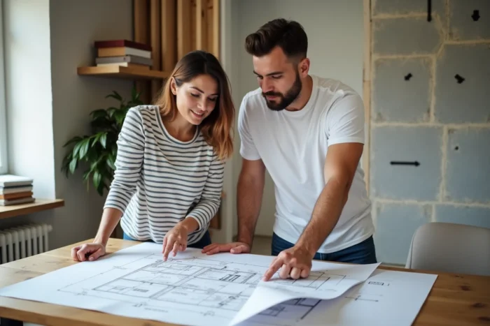 Couple étudiant des plans architecturaux pour la rénovation et l'amélioration énergétique de leur maison