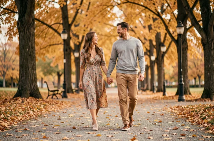Couple se promenant main dans la main dans un parc en automne, symbolisant la complicité et la vie amoureuse épanouie de Florian Tardif