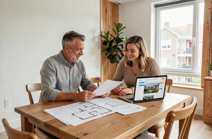 Couple étudiant des plans immobiliers et annonces en ligne dans un appartement contemporain