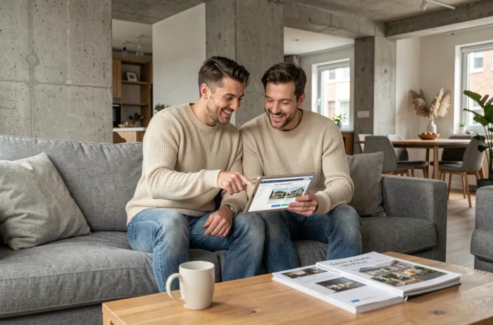 Couple recherchant des biens immobiliers en ligne sur une tablette dans un salon moderne