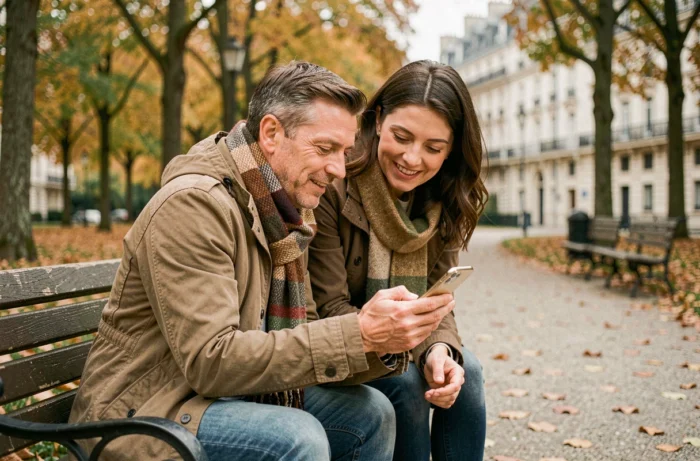 Couple recherchant des annonces immobilières sur smartphone dans un parc urbain en automne