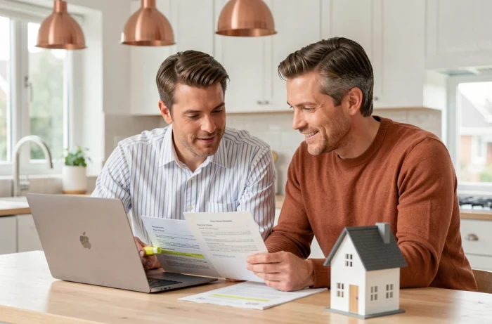 Couple examinant des documents de garantie et d'assurance habitation sur ordinateur portable dans une cuisine moderne
