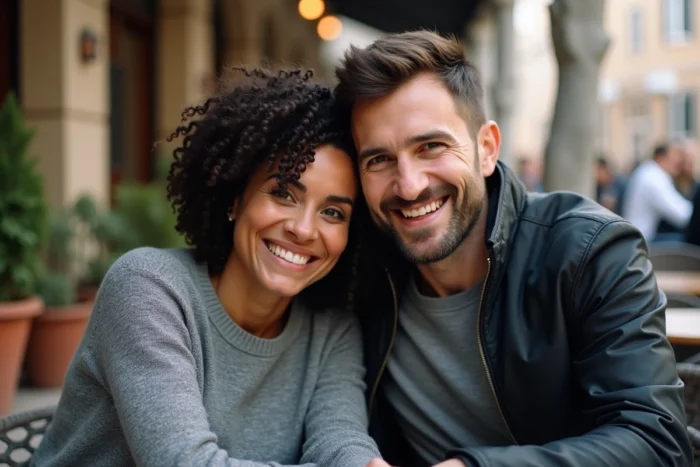 Couple complice attablé en terrasse de café, ambiance détendue et naturelle pour illustrer une vie de famille épanouie