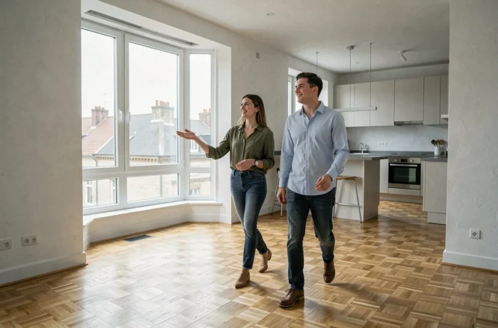 Couple visitant un appartement lumineux avec parquet bois lors d'une visite immobilière