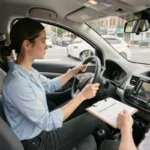 Jeune femme en cours de conduite accompagnée d'un moniteur dans une auto-école, illustrant la difficulté du permis de conduire dans le monde
