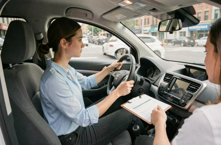 Jeune femme en cours de conduite accompagnée d'un moniteur dans une auto-école, illustrant la difficulté du permis de conduire dans le monde