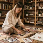 Femme arrangeant des photos dans un album scrapbook artisanal sur un parquet en bois entouré de souvenirs familiaux