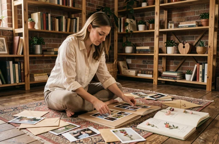 Femme arrangeant des photos dans un album scrapbook artisanal sur un parquet en bois entouré de souvenirs familiaux