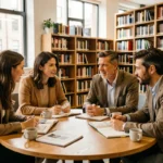 Groupe de personnes engagées dans un débat intellectuel autour d'une table dans une bibliothèque contemporaine