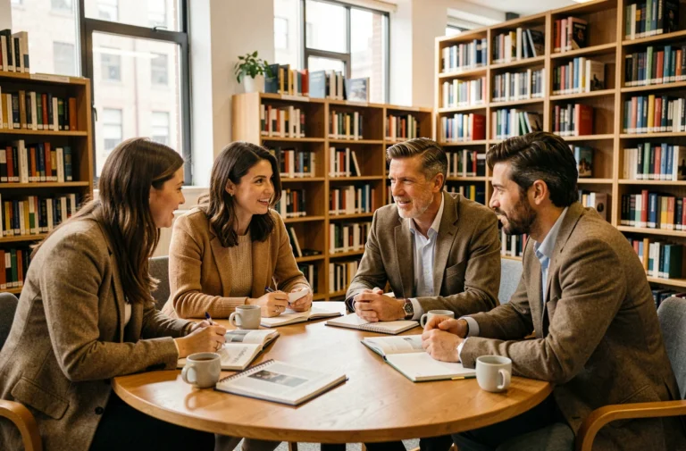 Groupe de personnes engagées dans un débat intellectuel autour d'une table dans une bibliothèque contemporaine