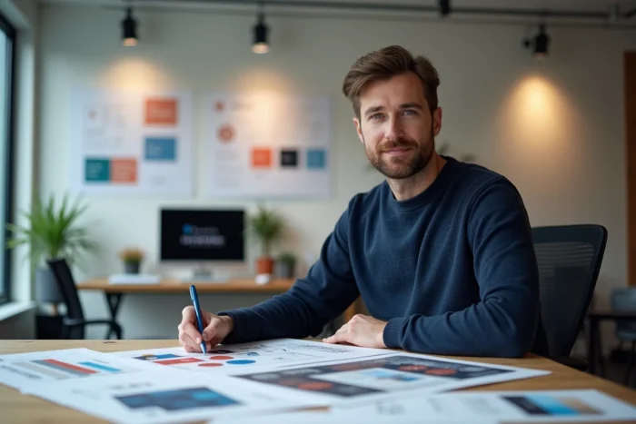 Designer graphique travaillant sur la refonte de la charte visuelle d'Intermarché dans un studio créatif moderne