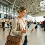 Voyageuse consultant une carte dans un aéroport international animé, symbolisant l'envie de découvrir des destinations incontournables