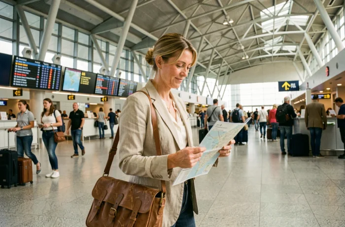 Voyageuse consultant une carte dans un aéroport international animé, symbolisant l'envie de découvrir des destinations incontournables