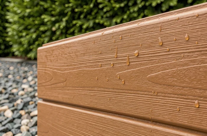 Détail de surface d'un panneau de clôture composite marron avec texture bois et résistance à l'eau visible