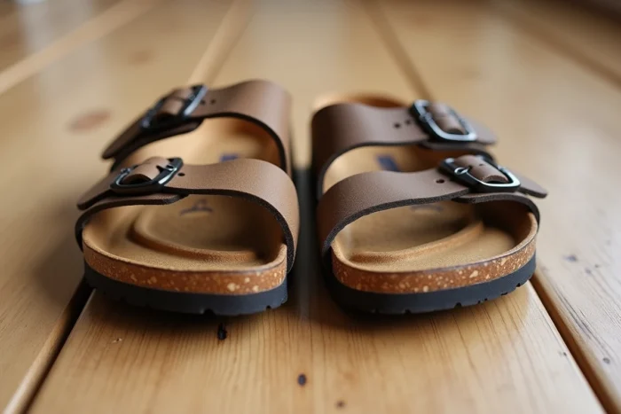 Gros plan comparatif des semelles d'une chaussure Birkenstock en liège et d'une Scholl moulée posées sur parquet en chêne