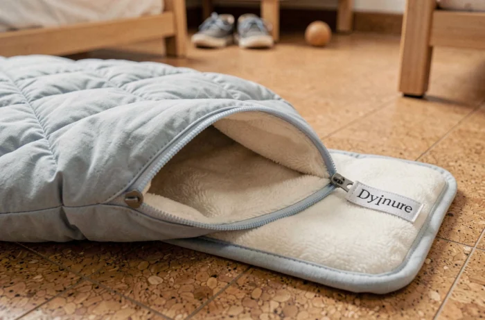Détail du tissu et de l'étiquette prénom d'un sac de couchage sieste maternelle ouvert
