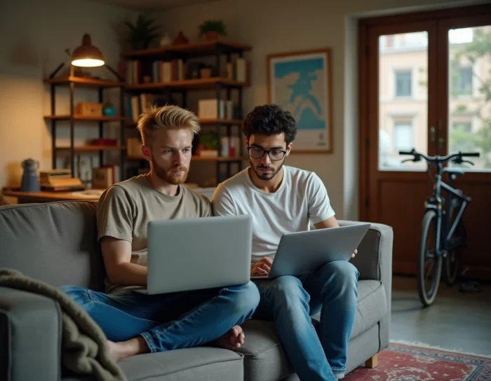 Deux colocataires masculins consultant des documents de colocation sur un ordinateur portable dans un salon authentique à Barcelone