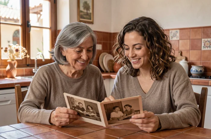 Deux femmes de générations différentes partageant des photographies de famille anciennes, évoquant la transmission des origines et de l'histoire familiale