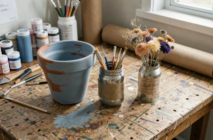 Table d'atelier avec objets usagés en cours de transformation en pièces déco incluant un pot en terre cuite repeint et des bocaux recyclés