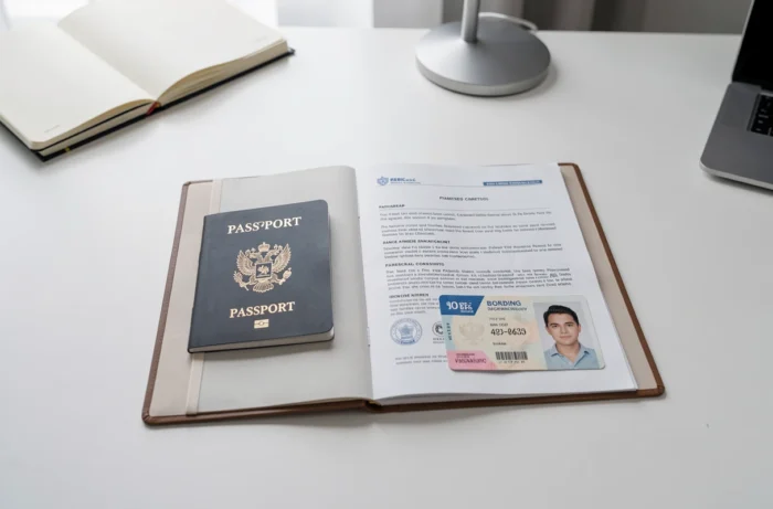 Documents de voyage pour enfant mineur organisés sur un bureau blanc incluant passeport autorisation de sortie du territoire et carte d'embarquement