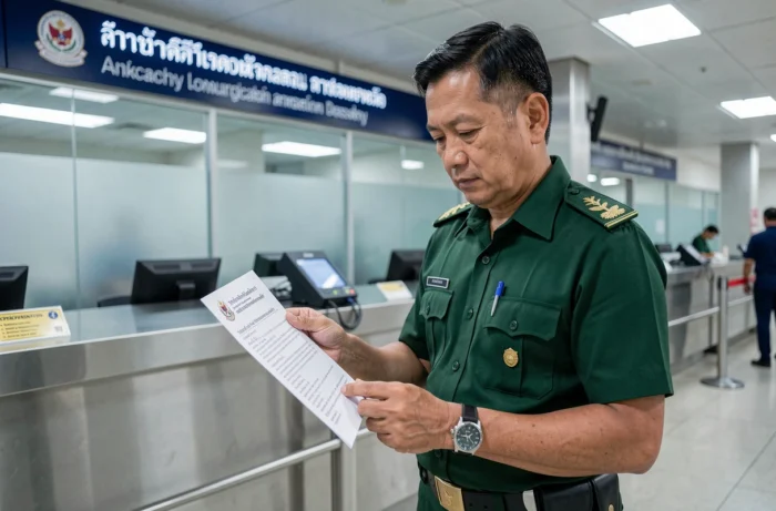 Agent des douanes thaïlandais consultant la réglementation sur les couteaux dans un aéroport international de Bangkok