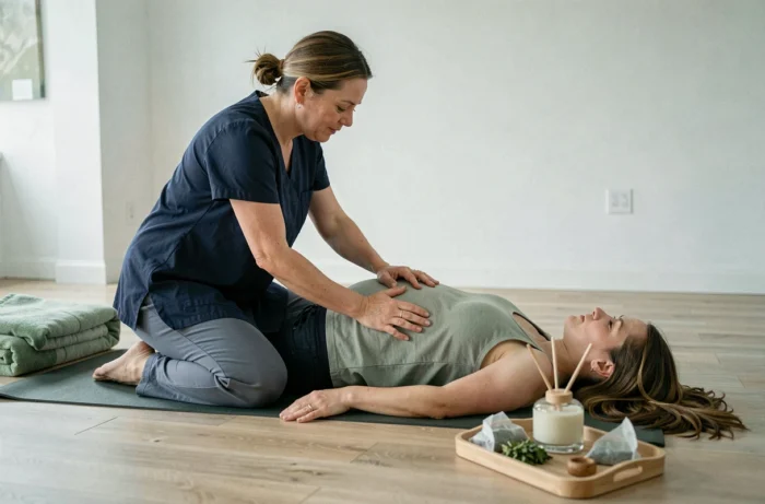 Sage-femme ou doula accompagnant une femme enceinte allongée sur un tapis de yoga dans un studio de bien-être minimaliste, illustrant l'accompagnement personnalisé à la naissance