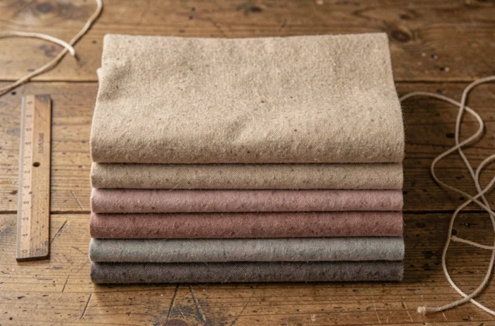 Échantillons de tissu en flanelle coton plié soigneusement sur une table en bois, montrant différentes teintes douces et textures naturelles