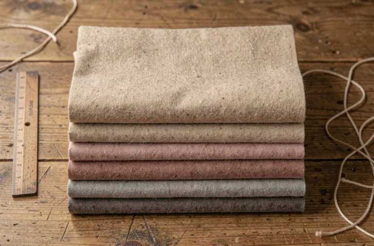 Échantillons de tissu en flanelle coton plié soigneusement sur une table en bois, montrant différentes teintes douces et textures naturelles