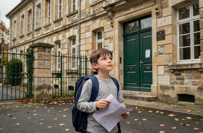 Écolier devant l'entrée d'une école primaire française avec son cartable pour la rentrée scolaire, illustrant la préparation via maclasse.fr
