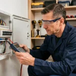 Électricien professionnel inspectant un tableau électrique dans une maison moderne