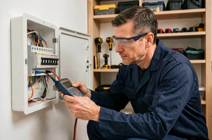 Électricien professionnel inspectant un tableau électrique dans une maison moderne