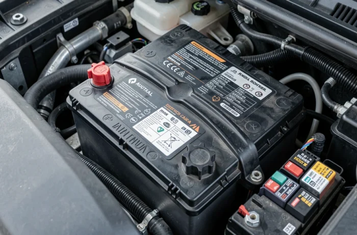 Gros plan sur la batterie du Renault Austral dans le compartiment moteur avec bornes et connecteurs