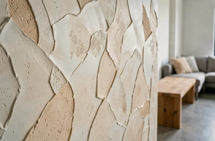 Mur d'accent recouvert d'enduit à la chaux brute avec texture organique et trowel marks visibles dans un intérieur minimaliste