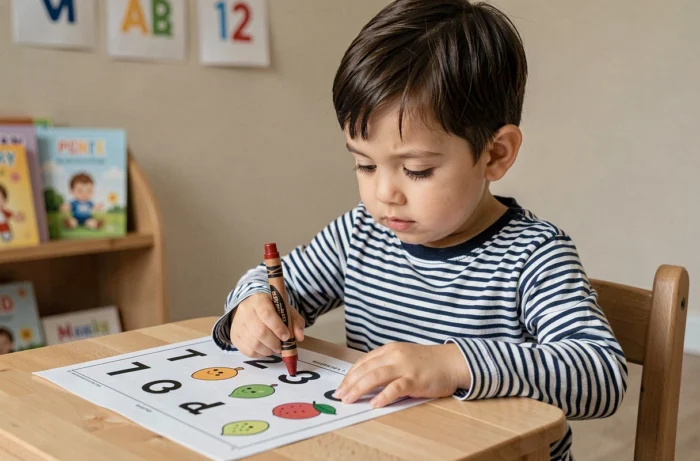 Enfant de 2-3 ans en train de tracer des chiffres sur une fiche d'apprentissage imprimée à la maison avec des crayons de couleur