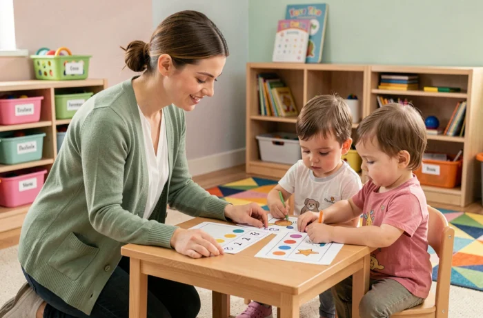 Enseignante de maternelle guidant deux jeunes enfants dans un exercice de comptage sur des fiches d'activités imprimées colorées