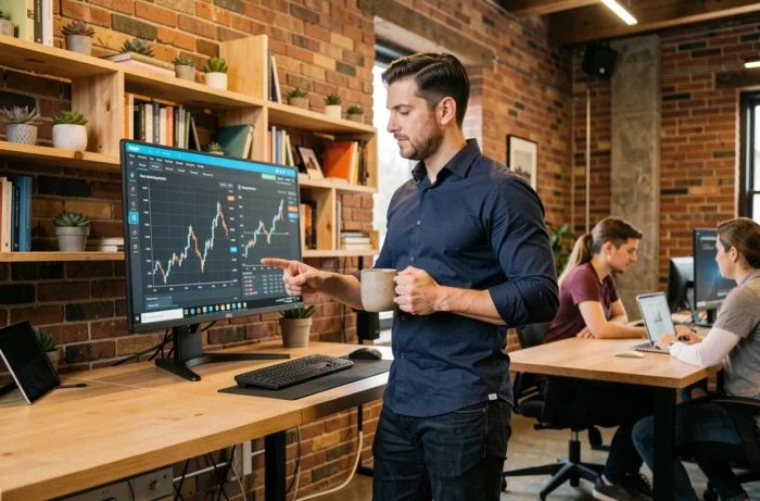 Entrepreneur consultant les dernières tendances du marché sur un grand écran dans un espace de coworking moderne