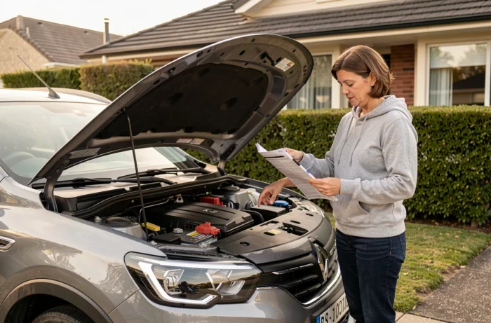 Femme consultant le manuel d'entretien de la batterie de son Renault Austral dans une allée résidentielle