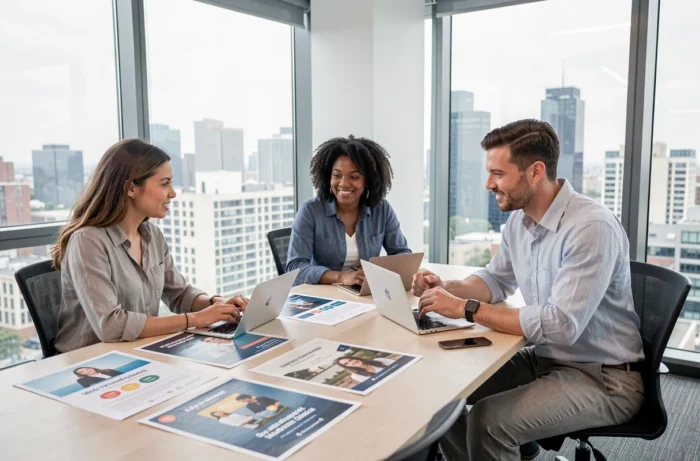 Équipe créative collaborant autour d'une table sur des campagnes publicitaires innovantes pour booster la visibilité d'une entreprise