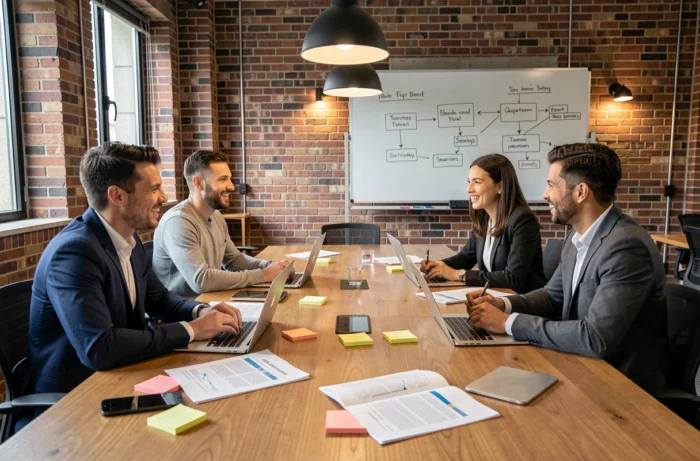 Équipe professionnelle en réunion stratégique autour d'une table de conférence pour planifier la réussite et la croissance d'une entreprise