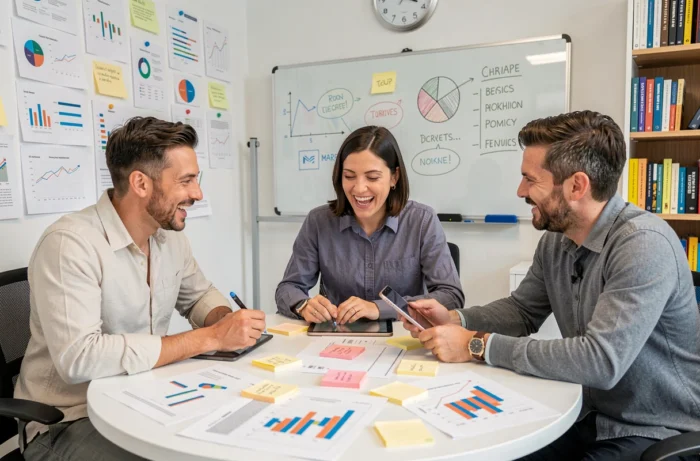Équipe de jeunes entrepreneurs collaborant autour de graphiques et de données pour développer leur activité dans un bureau startup