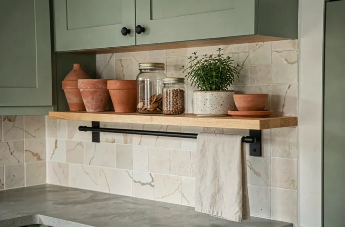 Étagère de cuisine décorée avec des pots en terracotta, des bocaux en verre vintage et des carreaux zellige vert sauge