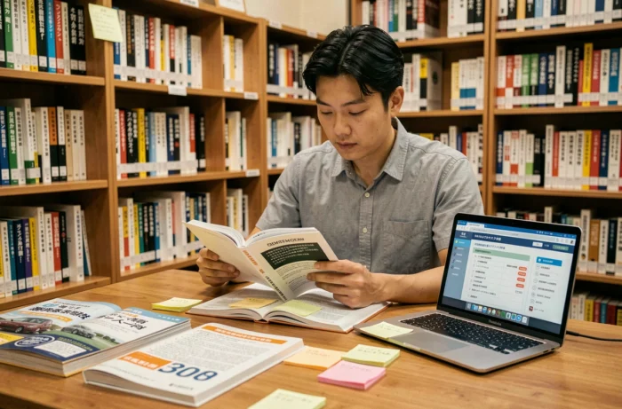 Homme étudiant les manuels de code de la route internationaux dans une bibliothèque, symbolisant la complexité des examens de permis de conduire dans différents pays