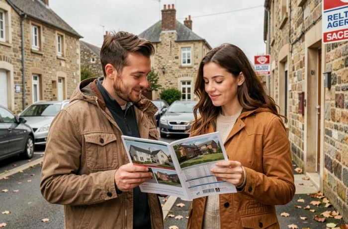 Deux professionnels de l'immobilier étudiant un marché local dans une rue résidentielle avec des maisons en pierre à vendre