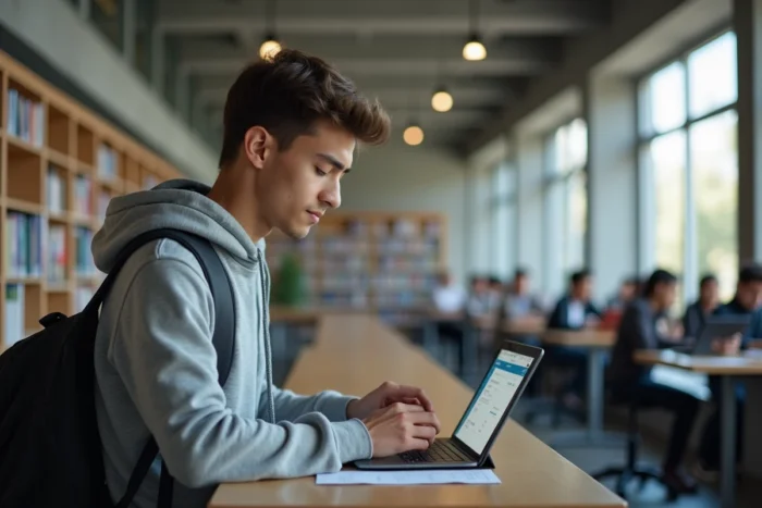 Étudiant configurant les paramètres de sa messagerie universitaire sur une tablette dans une bibliothèque moderne