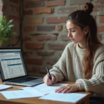 Étudiante consultant une demande d'APL sur son ordinateur portable dans son appartement étudiant