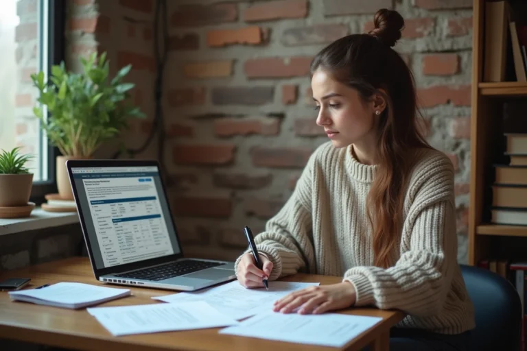 Étudiante consultant une demande d'APL sur son ordinateur portable dans son appartement étudiant