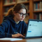 Étudiante de l'université de Lyon consultant sa messagerie académique sur un ordinateur portable dans une bibliothèque universitaire