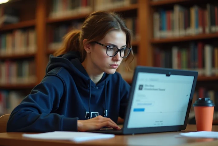 Étudiante de l'université de Lyon consultant sa messagerie académique sur un ordinateur portable dans une bibliothèque universitaire