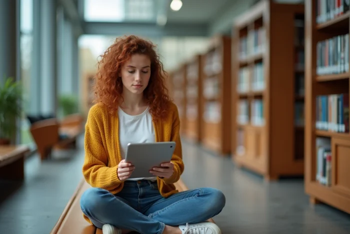 Étudiante consultant le webmail Convergence Lyon sur une tablette dans une bibliothèque universitaire